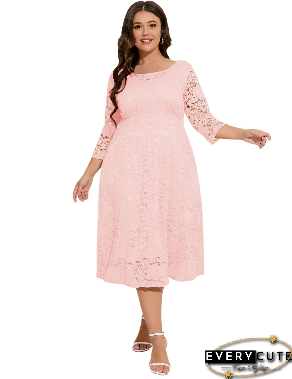 Pink Hollow-out Pocketed Lace Plus Size Dress
