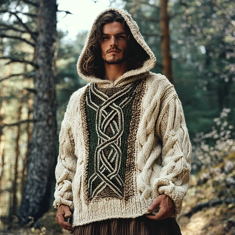 Men's Irish Celtic Knotted Chunky Cable Knit Hooded Sweater