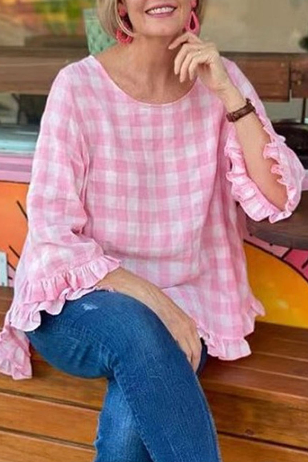 Plus Size Everyday Pink Cotton And Linen Plaid Print Ruffle 3/4 Sleeve Blouse 2024 - Flycurvy 