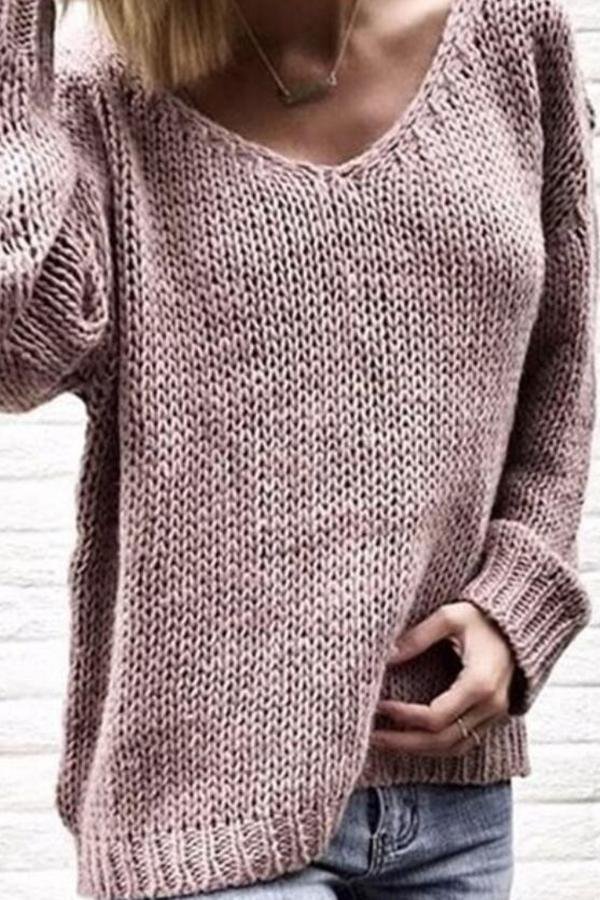 Womens Unusual Solid Color V Neck Sweater-Allyzone-Allyzone