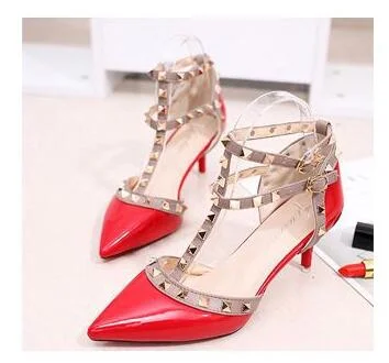 Women's Shoes 2019 Summer Pointed High-heeled Stiletto Patent Leather Rivet Single Shoes Was Thin Buckle Women's Shoes