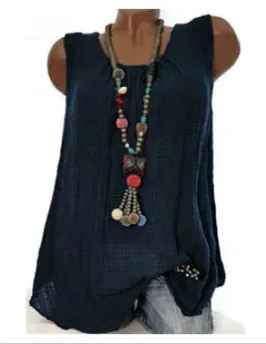 Linen Round Neck Sleeveless Cozy Tanks
