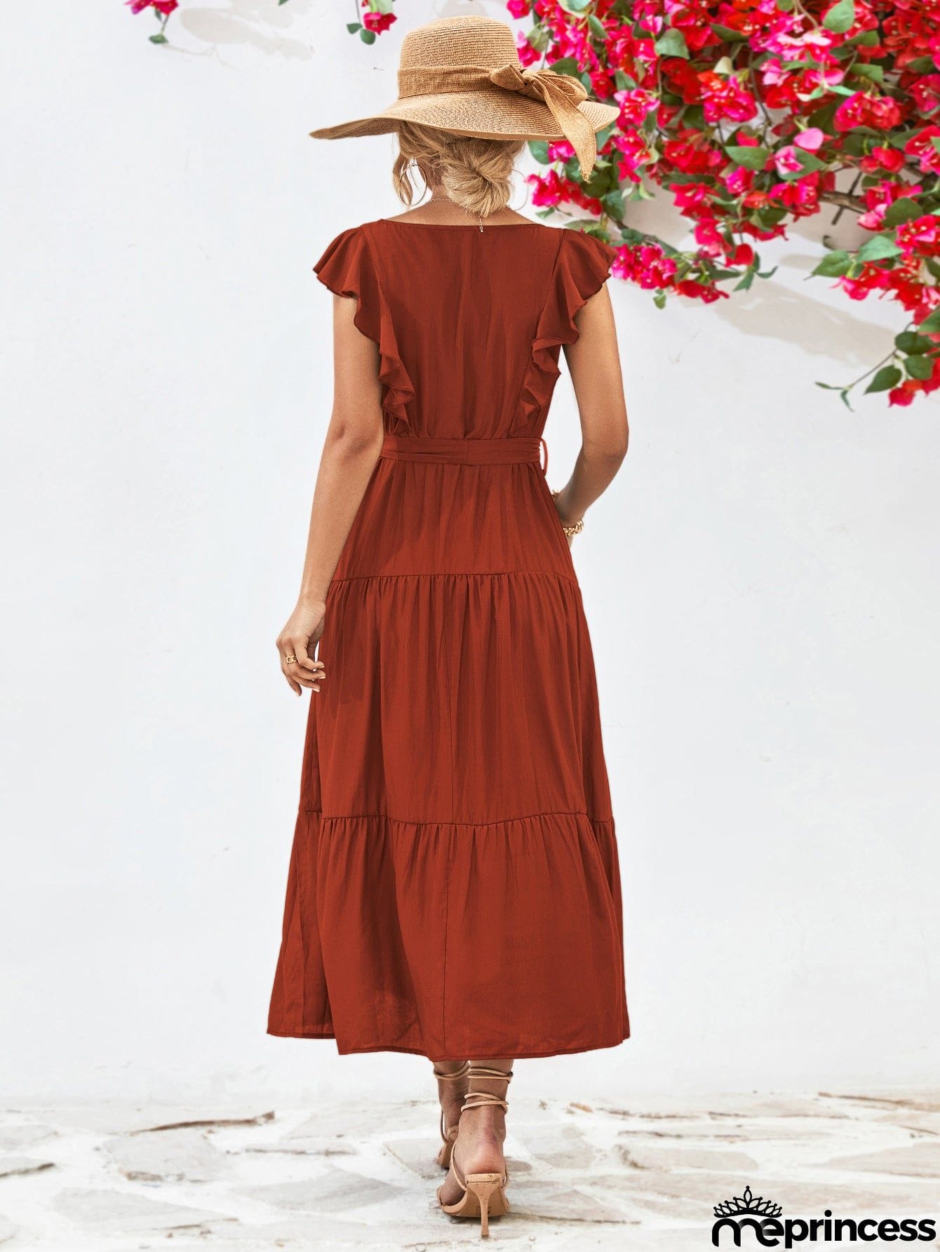 Tie Belt Ruffled Tiered Dress