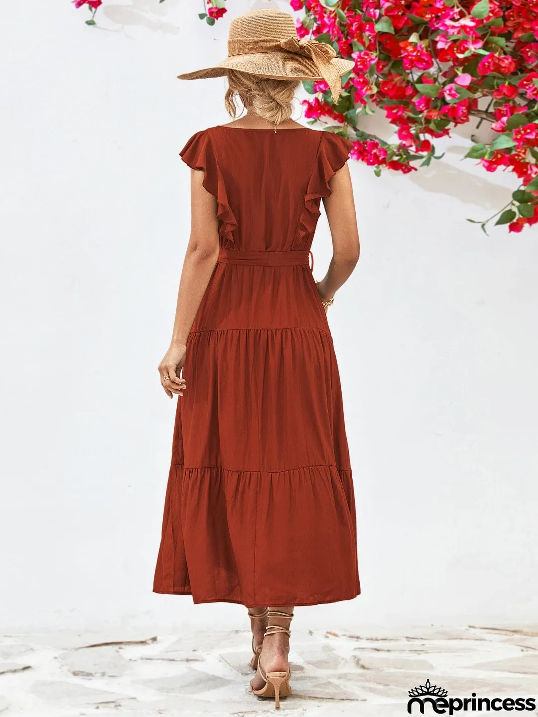 Tie Belt Ruffled Tiered Dress
