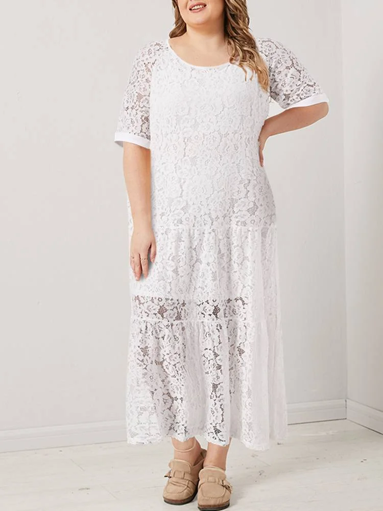 Women Lace Crochet Maxi Long Dress ZANZEA Summer 3/4 Sleeve Party Vestido Robe Femme Bohemian Sundress Casual Loose Autumn Dress