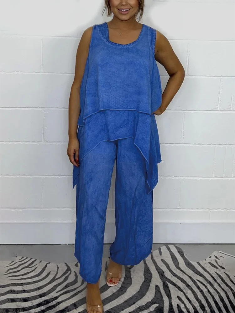 Women's Loose Casual Sleeveless Shirt And Trousers Cotton And Linen Two-Piece Suit