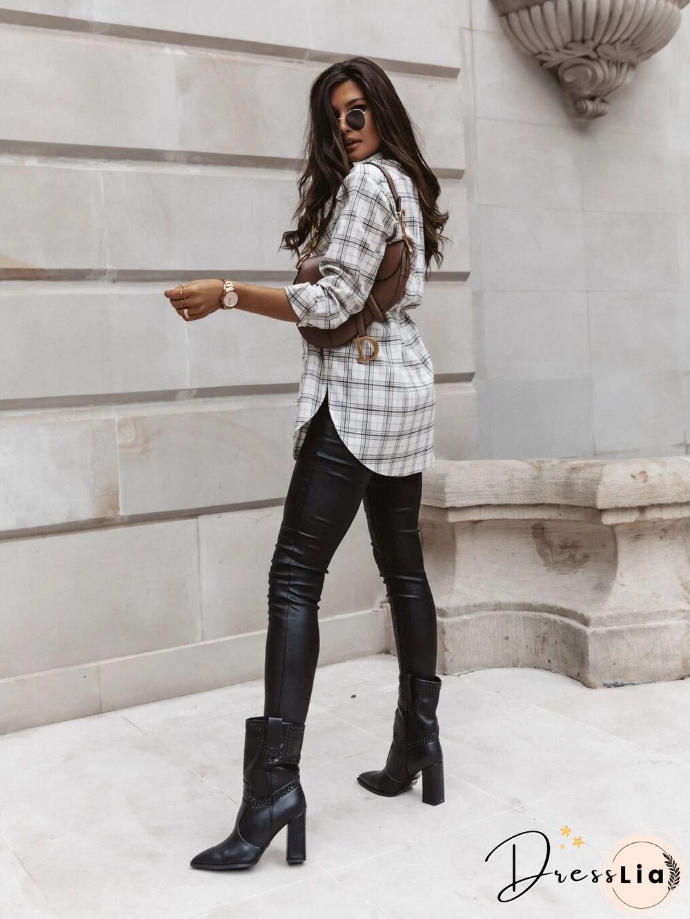 Checked Loose Long Sleeve Belted Shirt