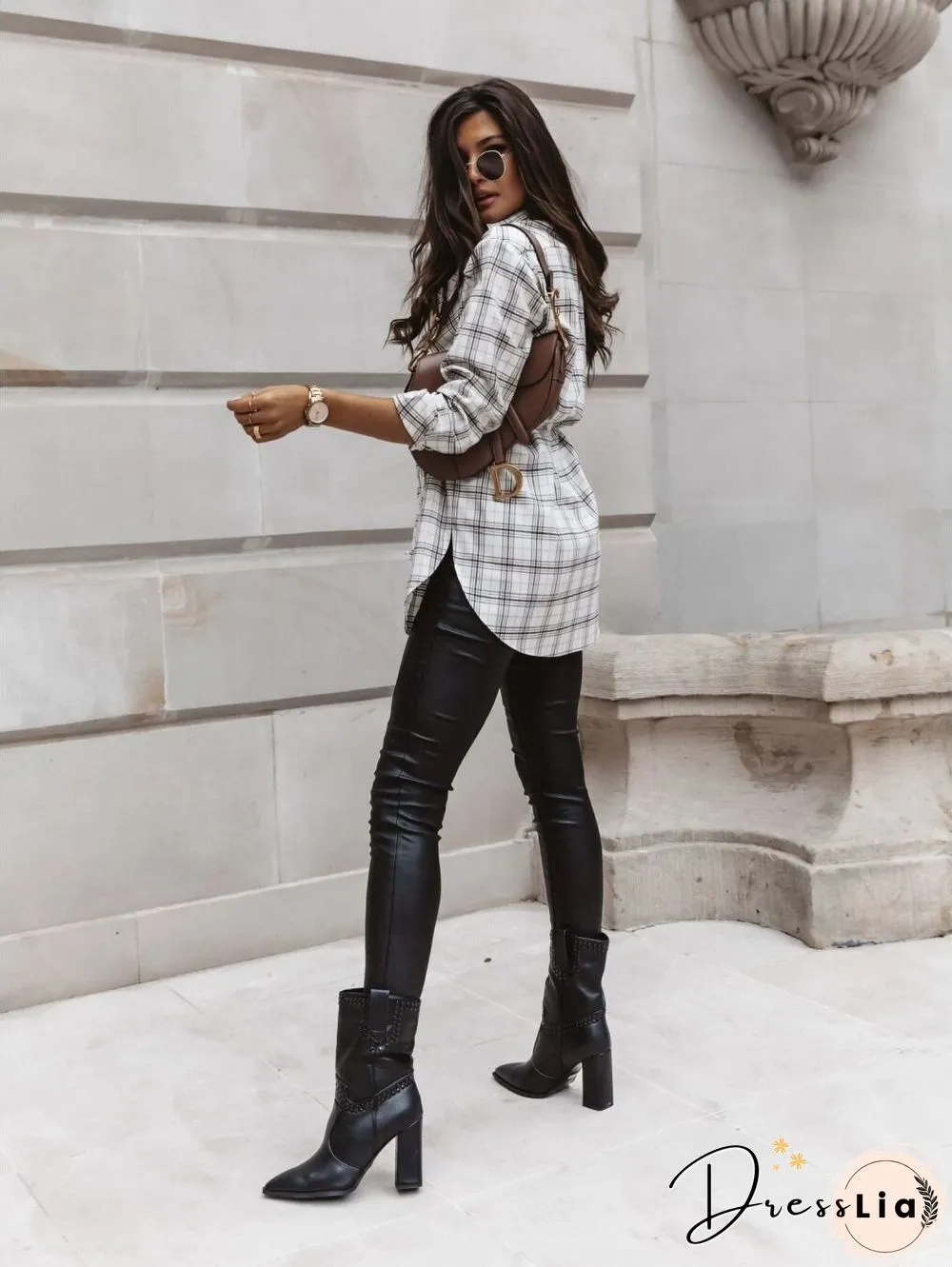 Checked Loose Long Sleeve Belted Shirt