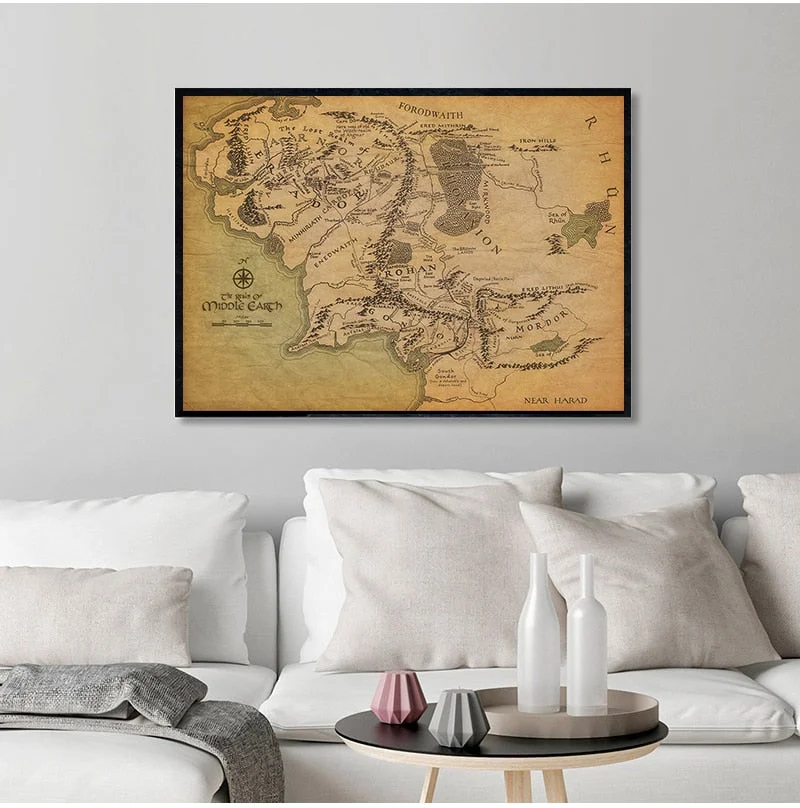 BANMU Middle Earth Retro Near HARAD City Map Wall Art Poster Vintage Map Wall Canvas Paintings Livingroom Home Decor