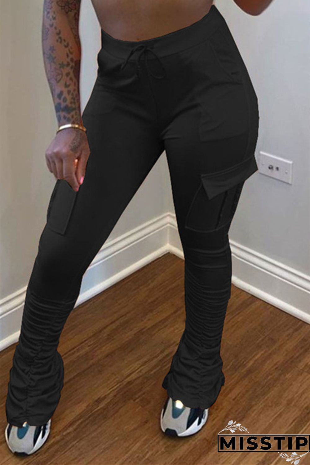 Fluorescent green Drawstring High Solid Pocket Draped Boot Cut Pants Bottoms