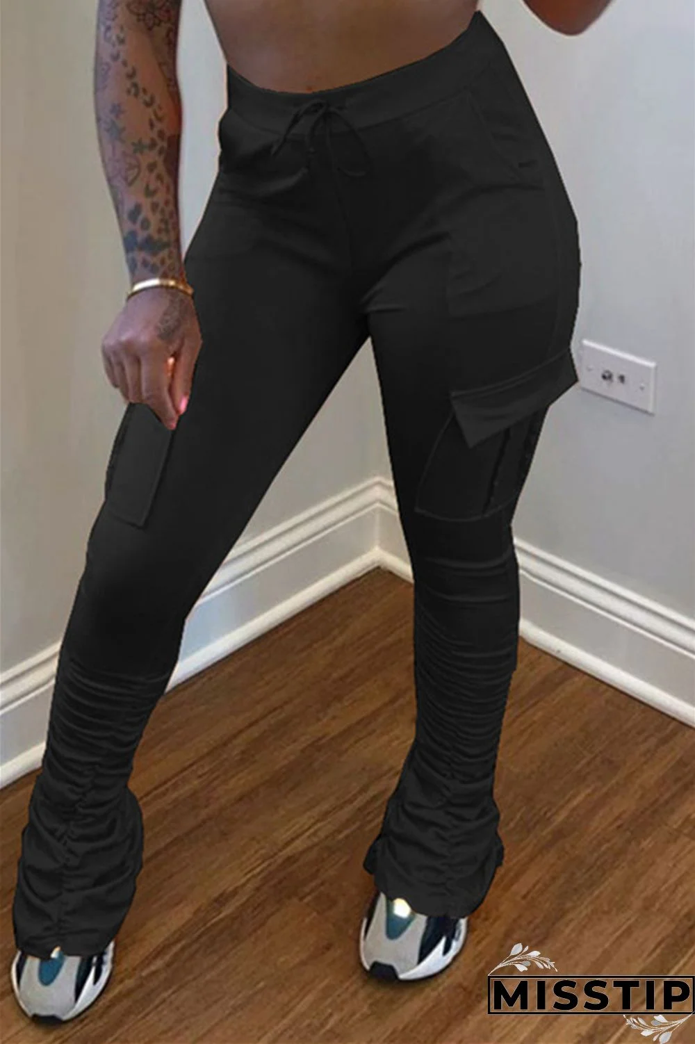 Fluorescent green Drawstring High Solid Pocket Draped Boot Cut Pants Bottoms