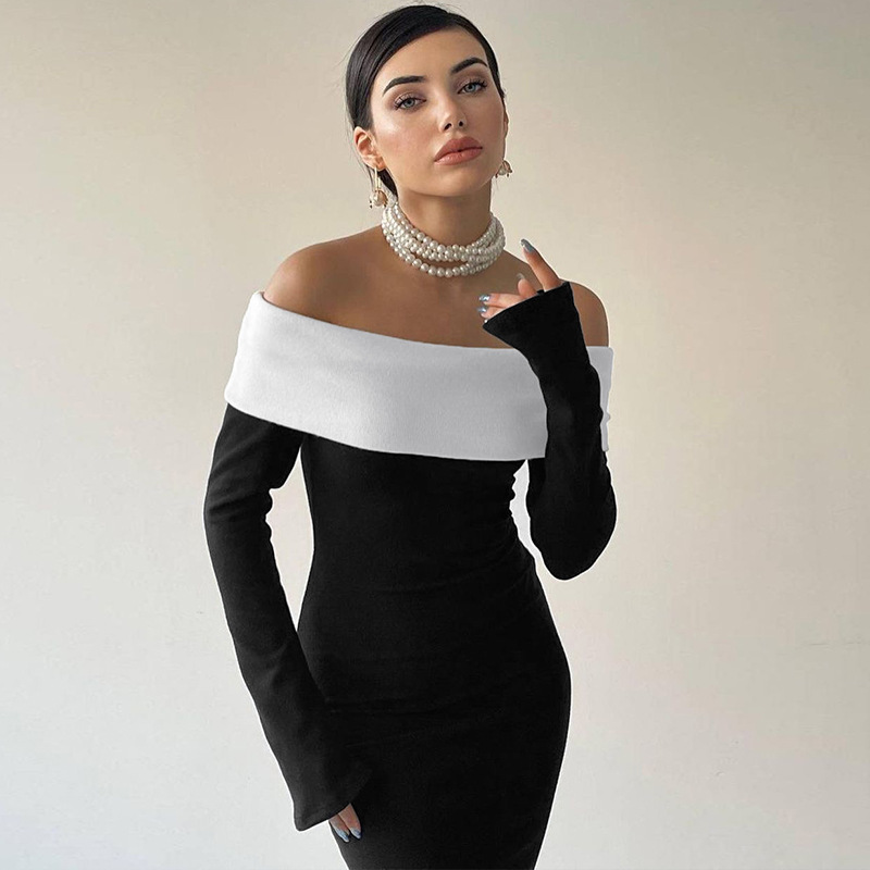 Ootddress Off-Shoulder Patchwork Slim Maxi Dress For Women Long Sleeve High Waist Elegant Backless Party Dress Female Autumn Outfit