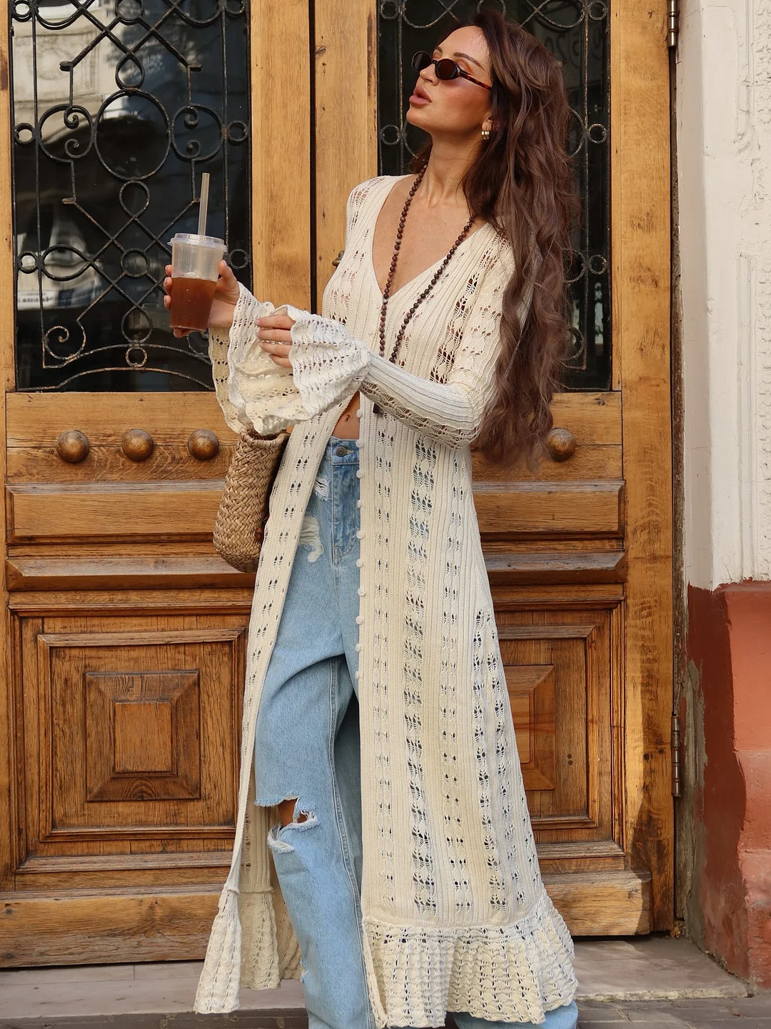 Athvotar Athvotar Attitude Babes Personality Style Long Design Knitted Cardigan Women's Hollow Hook Flower Solid Color High Sense