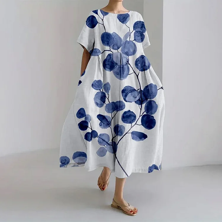 Wearshes Floral Print Round Neck Loose Midi Dress