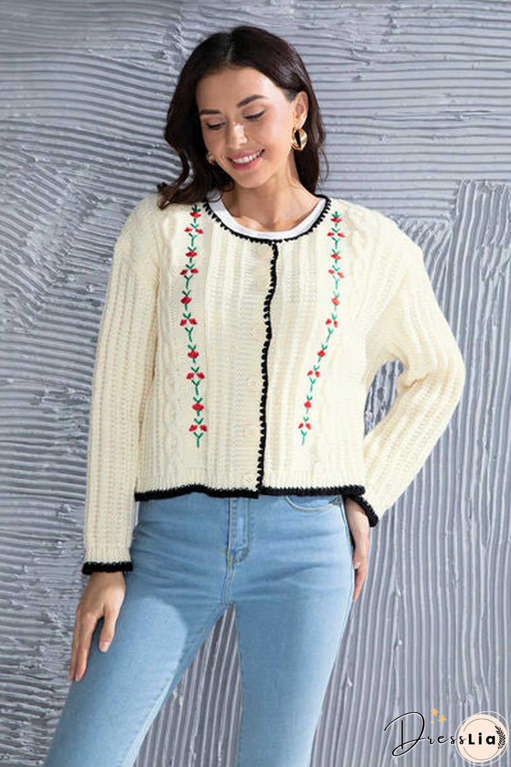 Graphic Cable-Knit Button Up Cardigan