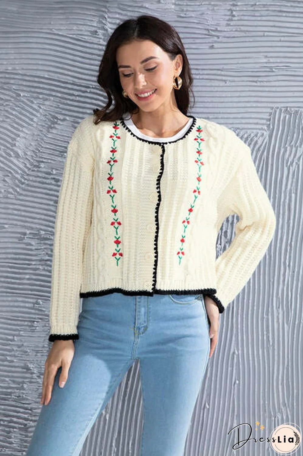 Graphic Cable-Knit Button Up Cardigan