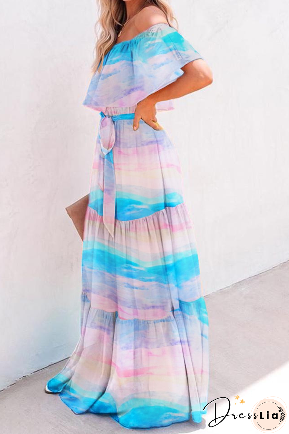 Fashion Gradual Change Flounce Off The Shoulder Cake Skirt Dresses(5 Colors)