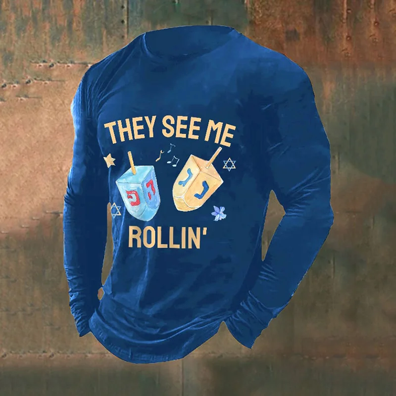 Men's They See Me Rollin Happy Hanukkah Casual Long Sleeve T-Shirt