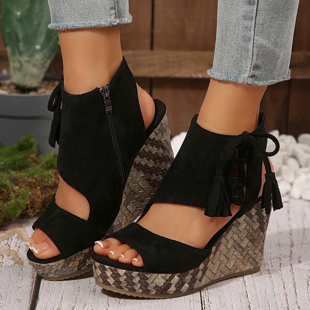 Breakj Breakj Summer New Women's Slope And Thick-Soled Sandals Large-Size Fish Mouth Suzu Side Zipper Sandals