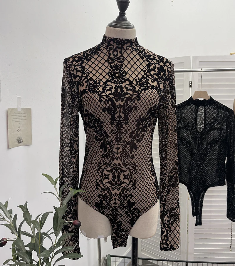 Zingj Sexy Velvet Mesh Bottoming Long Sleeve Half-High Collar Slimming T-Shirt Top 1212