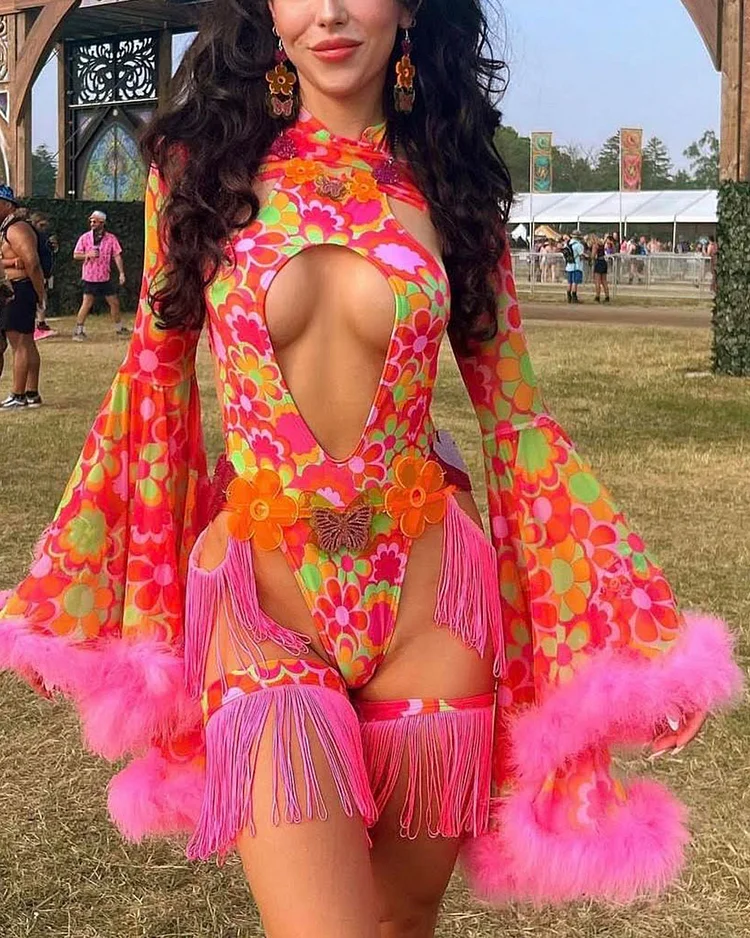 Music Festival Rave Feather-Embellished Sequined Jumpsuit
