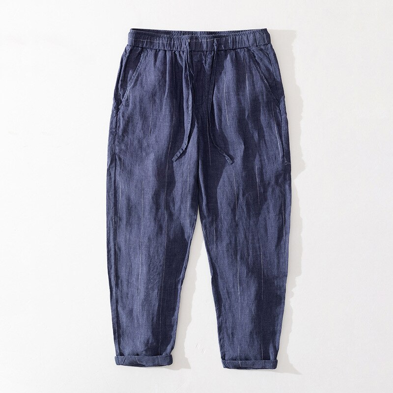 8211 Men Vertical Striped Linen Pants Casual England Style Gentlemen Breathable Thin Drawstring Stretch Waist Loose Trousers