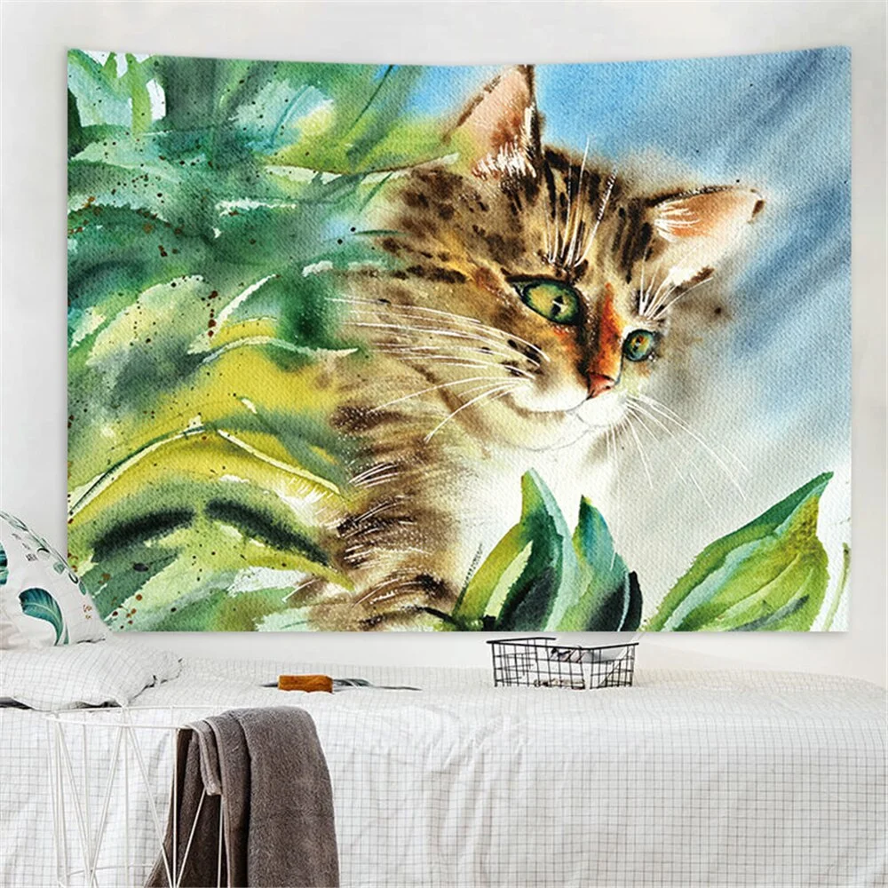 Nigikala Warm Color Plant Playing Yarn Ball Cat Print Tapestry Wall Aesthetic Tapestry Wall Tapestry Christmas Tree Wall Decor