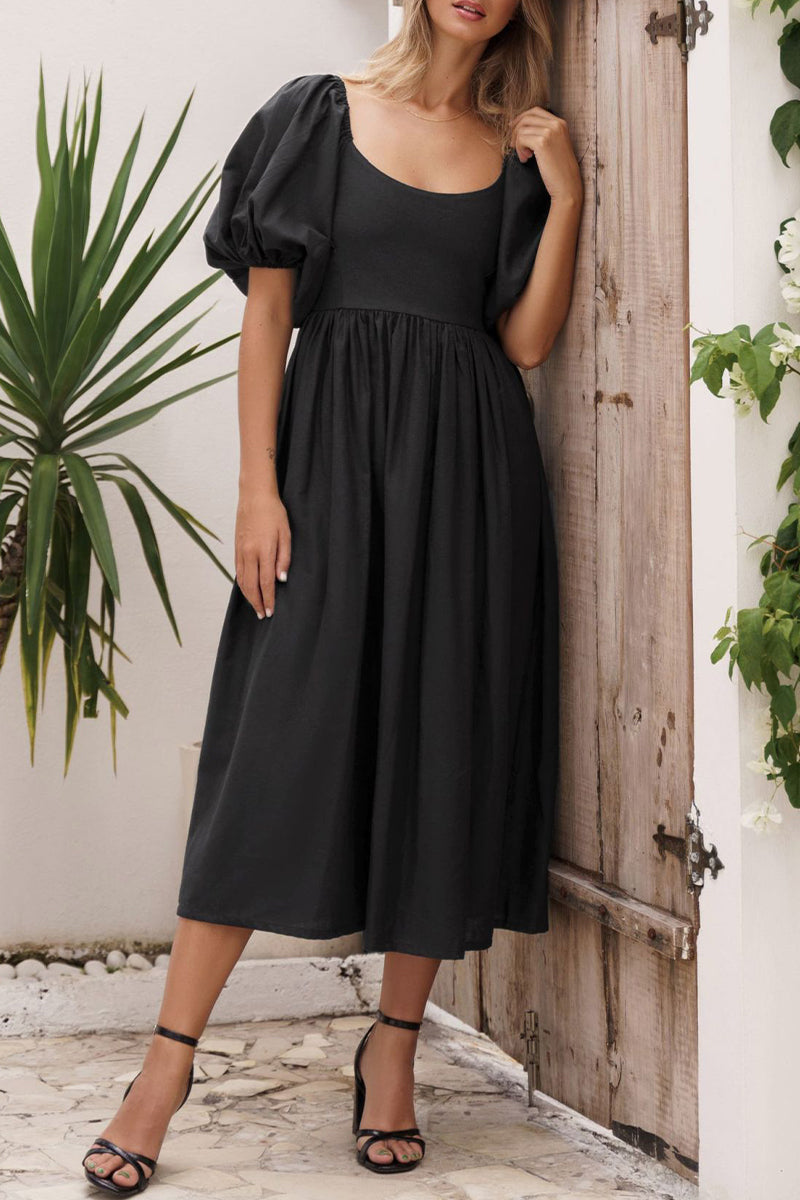 Sweet Elegant Solid Fold Square Collar A Line Dresses