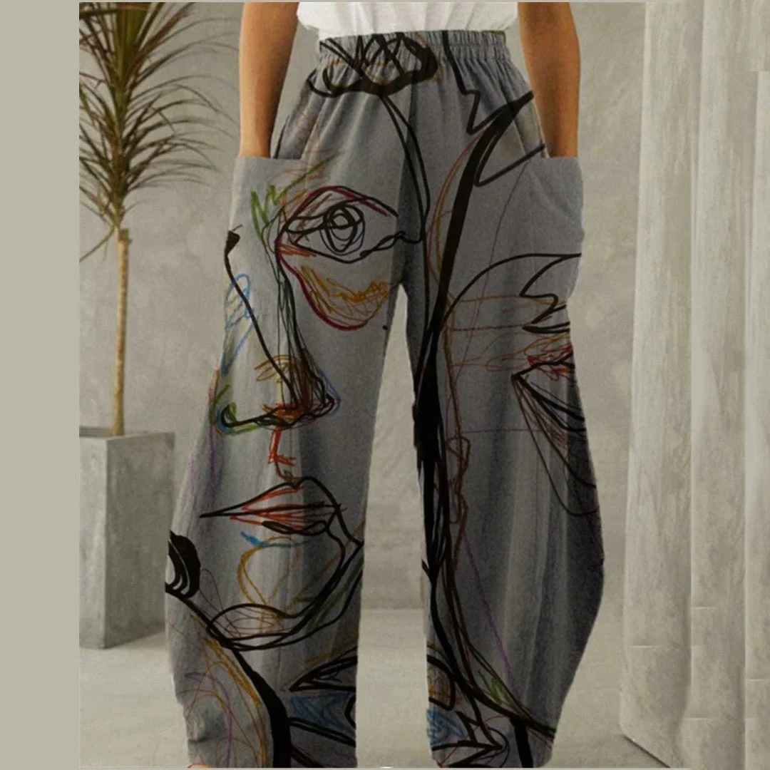Women plus size clothing Women's Pant Printed High Waist Pocket Loose Casual Pants-Nordswear
