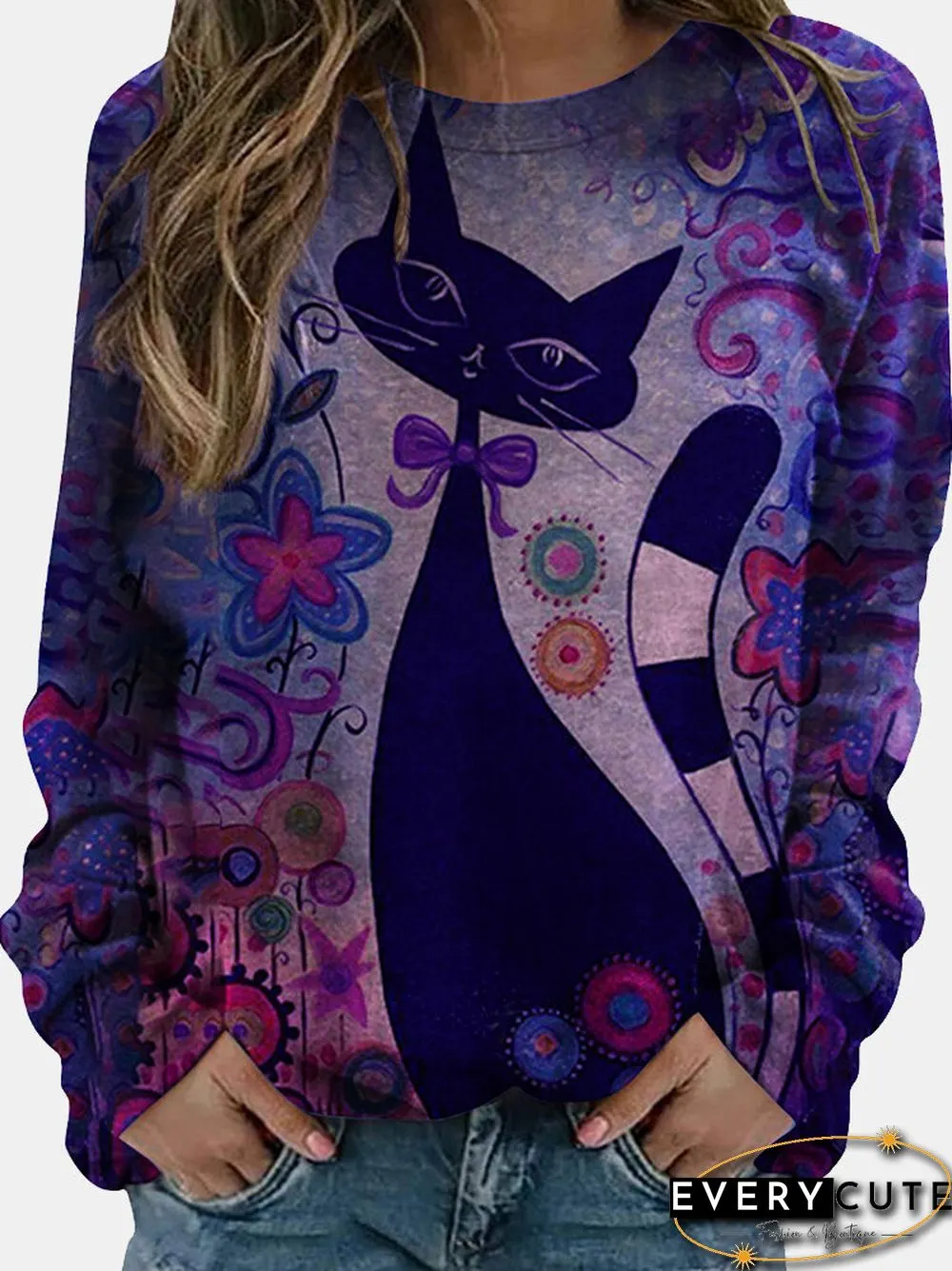 Cat Calico Printed Long Sleeve O neck T shirt For Women P1762569