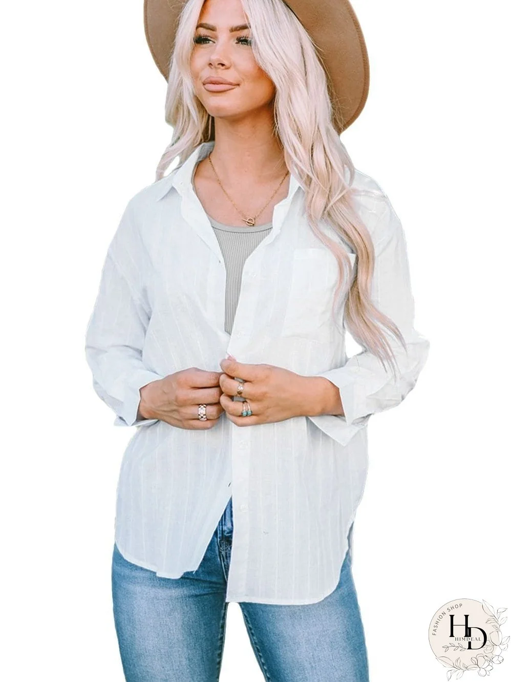 Simple Solid Lapel Button Long Sleeve Blouses