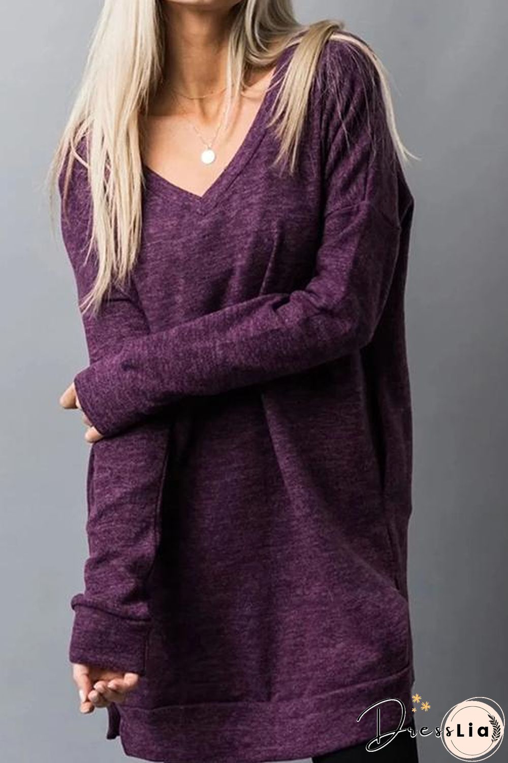 Pockets Slit V Neck Hoodie Dress