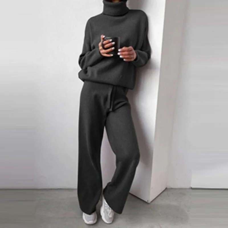 Solid Two Piece Set Women Turtleneck Long Sleeve Top Pullover Casual Long Pants Suit Female Autumn Homewear Outfits Tracksuit