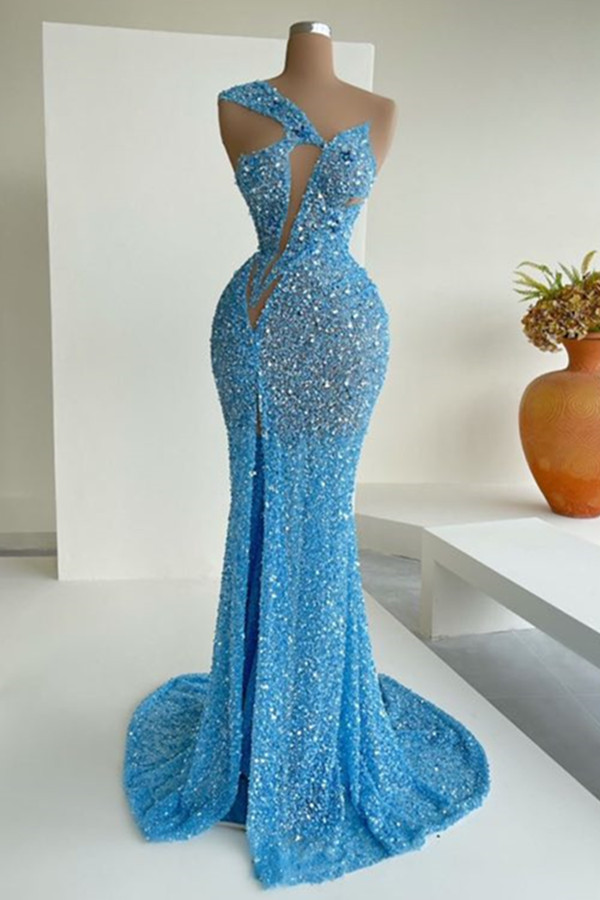 Classy One Shoulder Ocean Blue Sequins Evening Gown Mermaid Long With Split - lulusllly
