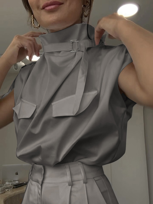 Loose Sleeveless Buckle Solid Color Stand Collar Blouses&Shirts Tops LIGHT GRAY-XL