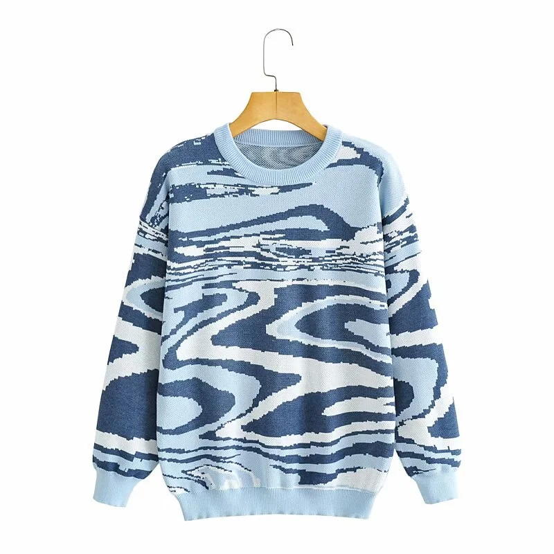 Preppy Style Knit Women Pullover Sweater Spring Autumn New Design Blue White Printed Soft Loose Tops Lady Long Sleeve Sweaters