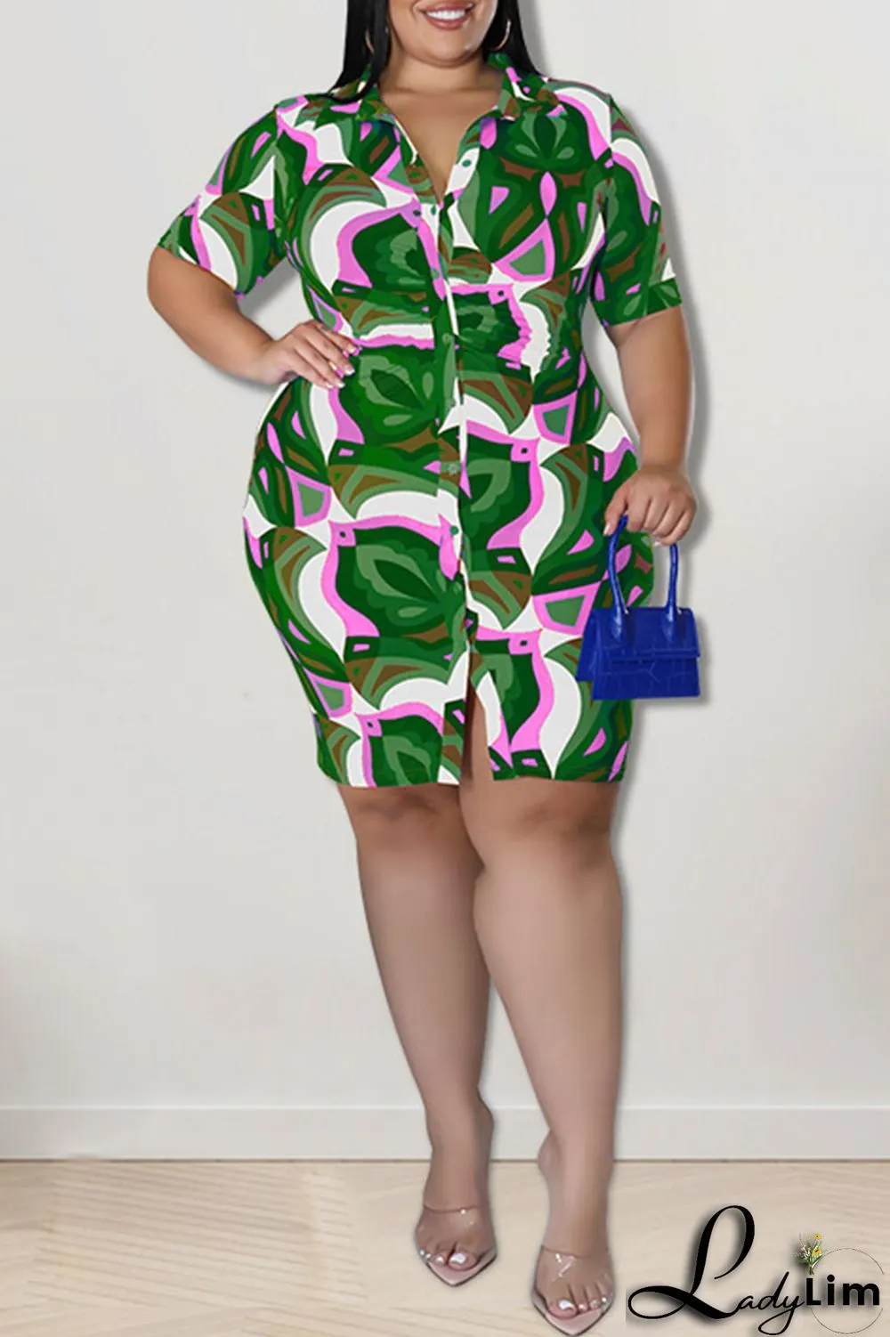 Coffee Casual Print Patchwork Buckle Turndown Collar Shirt Dress Plus Size Dresses