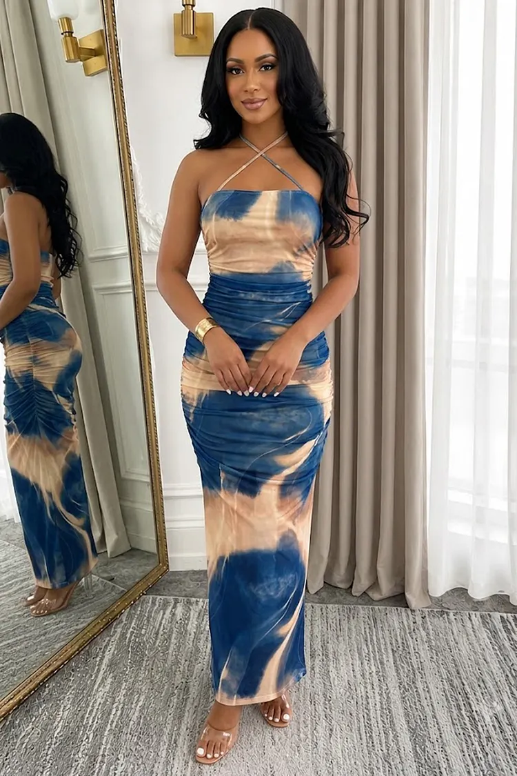 tie dye distressed mesh slit halter maxi dress Tie Dye Print Crossover Halter Neck Ruched Slim Vacation Maxi Dresses-Blue