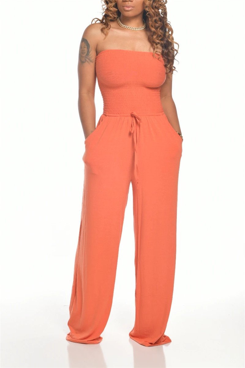 Elastic Bust Strapless Solid Color Jumpsuit