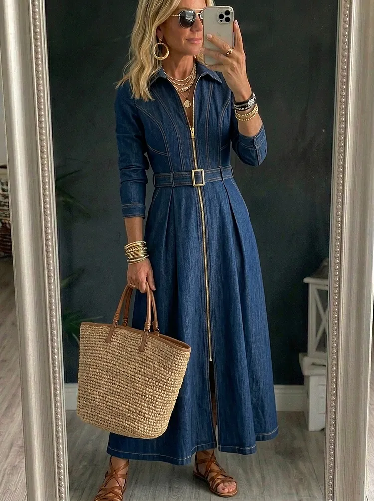 Women&rsquo;s Elegant Long-sleeve Zippered Denim Pocket Maxi Dress