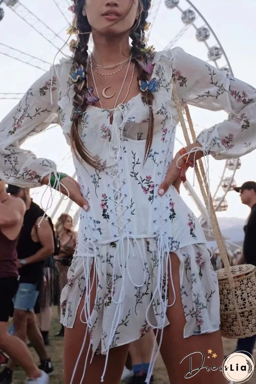 Floral Drawstring Strappy Chiffon Dress