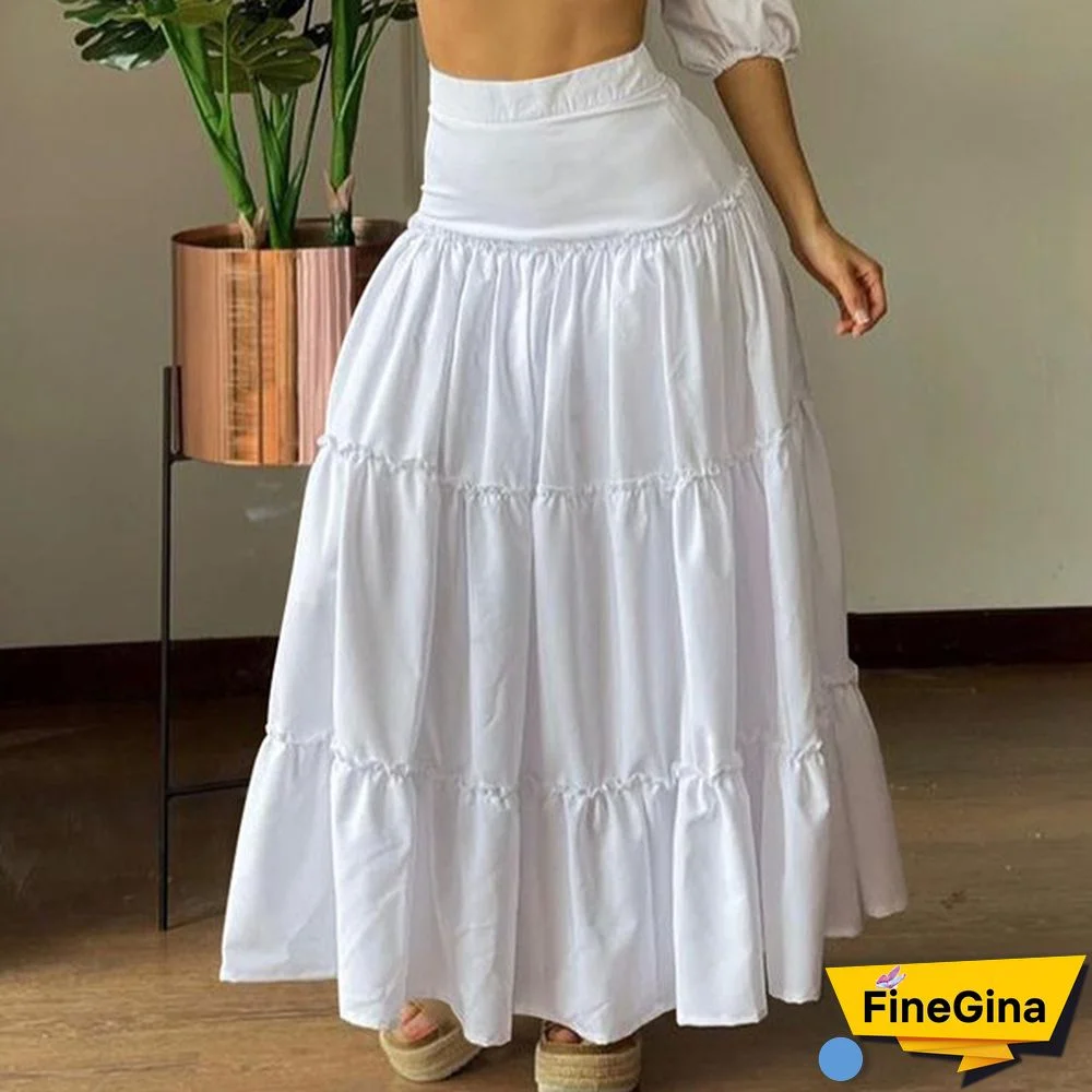 Summer Women Solid Color High Waist Chiffon Long Skirt Loose Plus Size Pleated Skirts Bohemian Beach Dress