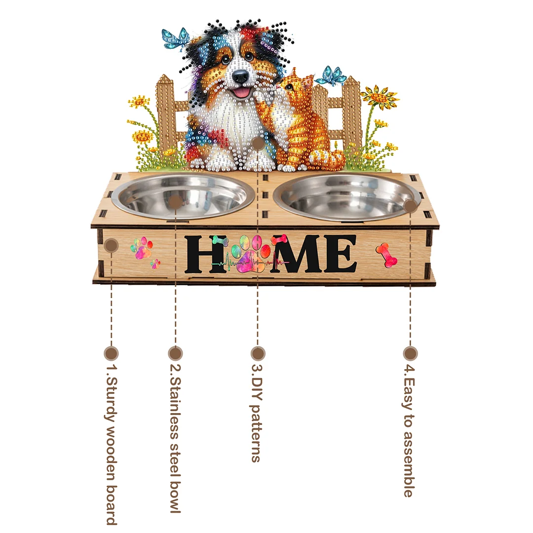 Diamond Painting Food Bowl with Wood Stand Diamond Art Dog Bowl for Small Dogs