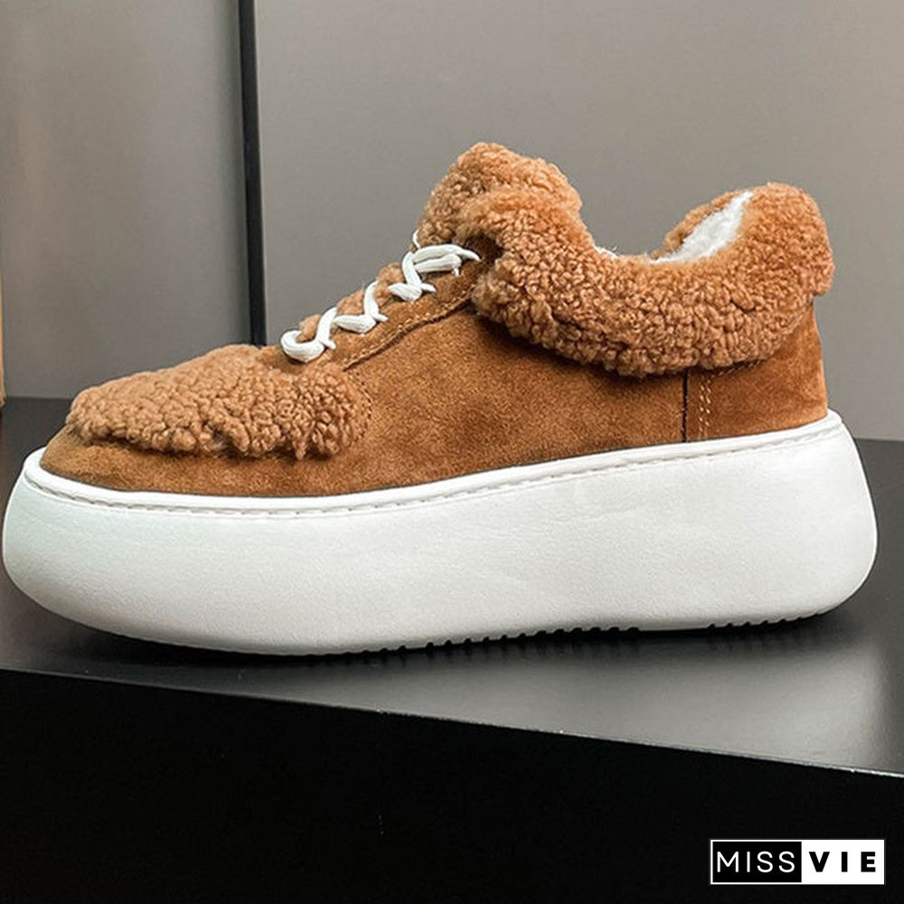 Women's Casual Colorblock Shoelace Round Toe Flat Sole Plush Shoes