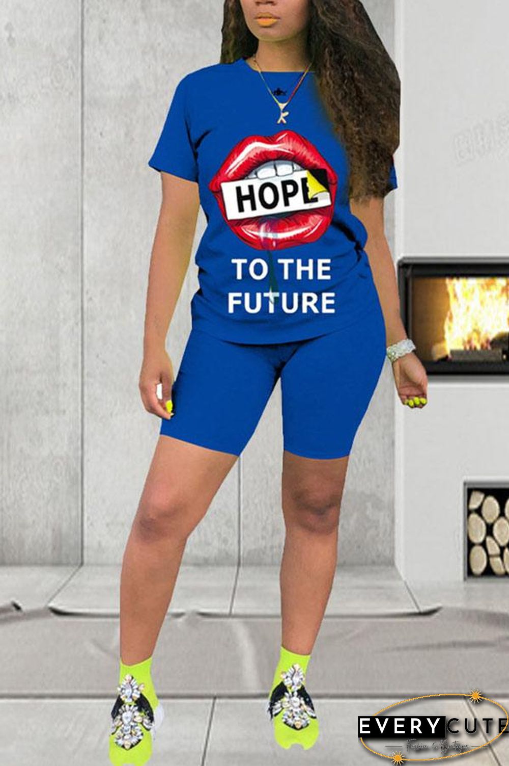 Casual Lips Printed Short Sleeve T-Shirt Set