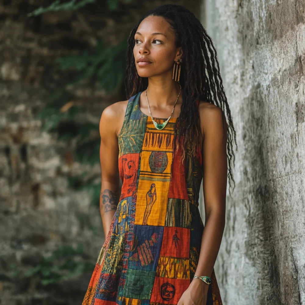 Vintage Tribal Print Women's Linen Vest Dress