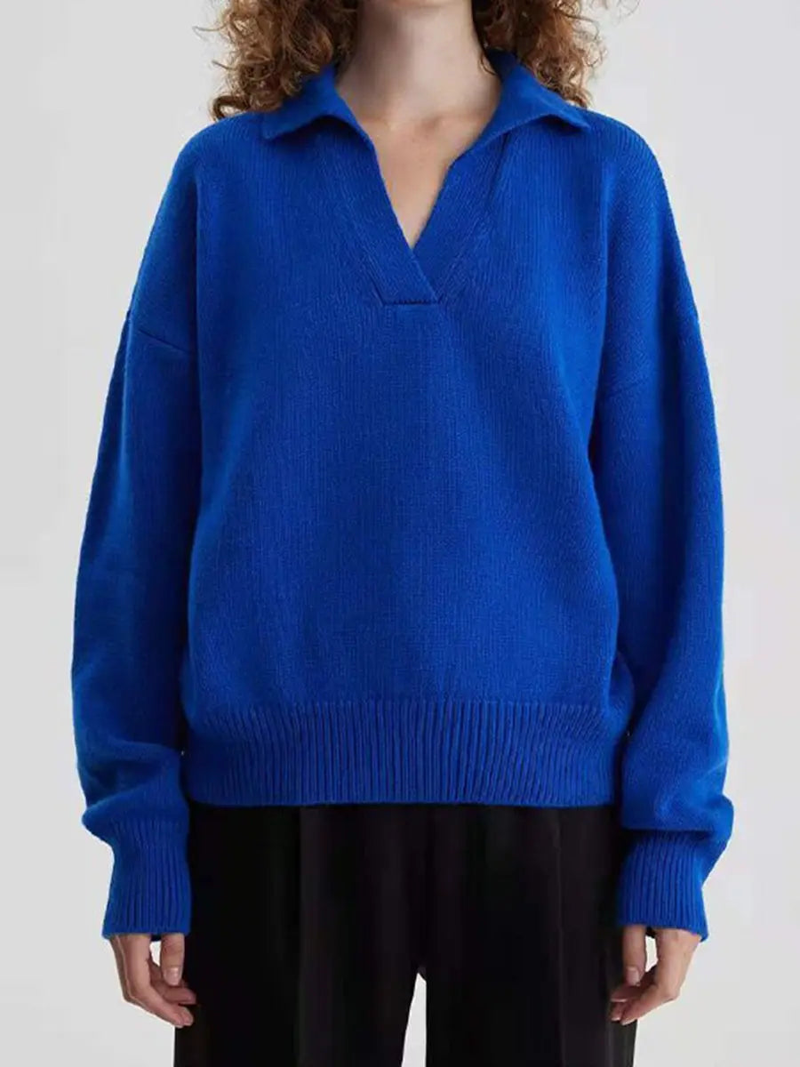 Turndown Collar Loose Solid Color Sweater