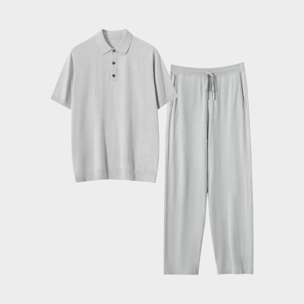 Men's Grey Cashmere Knitted Polo Shirt and Pants Set | Casual Outfit REAL SILK LIFE