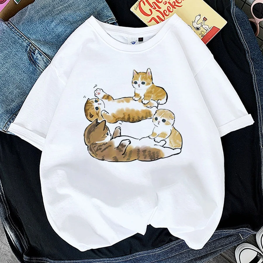Kawaii Cat Shark Women Print Funny T-shirt Girl Animal Y2K Fashion 90S Print Tops Tee Gril Black White Clothes,Drop Ship