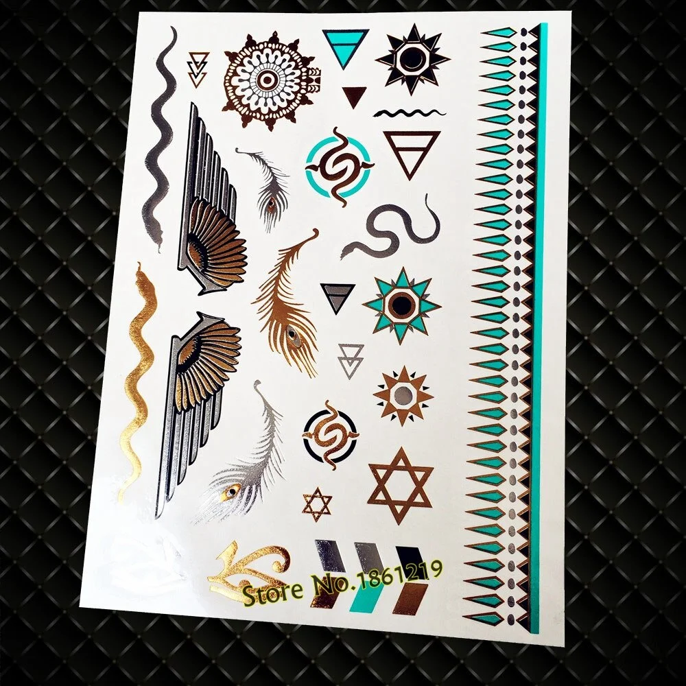 Sdrawing Shiny Metallic Tattoo Henna Gold Flower Body Art GCT166 Silver Lace Feather Tattoo Bracelet Flash Temporary Tattoo Stickers
